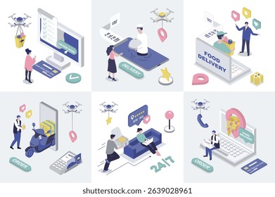 Food delivery 3d isometry concept for web design. Collection set with isometric people ordering online pizza or grocery menu in bags, using fast courier shipping service to home. Vector illustration.
