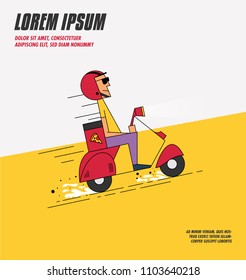 Food Delivery Ad concept. Pizza Delivery Courier Boy delivering  pizza on a retro scooter. Super-fast food delivery