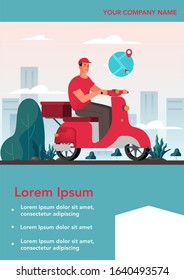Food delivery advert banner. Online delivery concept. Order in the internet. Add to cart, pay by card and wait for courier on moped. Food delivery booklet, flyer. Vector illustration in cartoon style
