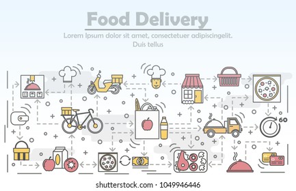 Food delivery advertising vector illustration. Modern thin line art flat style design element with meal delivery service symbols, icons for website banners and printed materials.