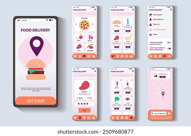 Conceito de aplicativo de entrega de alimentos em design plano. Esta imagem mostra a interface de um aplicativo de entrega de alimentos, que mostra várias telas dedicadas a diferentes categorias de alimentos. Ilustração de vetor.