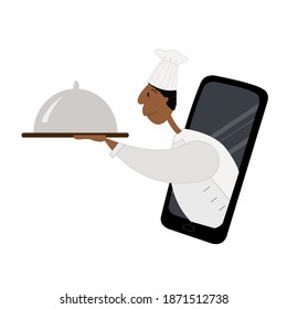 Food delivery app concept. An illustration of a dark skinned chef with a dish appearing from a smartphone. Isolated on white.