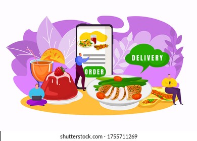 Food delivery app concept, vector illustration. Online mobile order service, internet business. People character choose food for flat fast deliver. Smartphone technology background.
