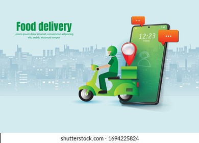 food delivery app on a smartphone tracking a delivery man service vector illustration with scooter mobile box pin and message icon E-commerce on city background concept  