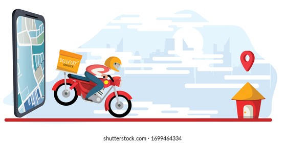 Food delivery app on a smartphone tracking a delivery man on a moped with a ready meal, technology and logistics concept, city skyline in the background