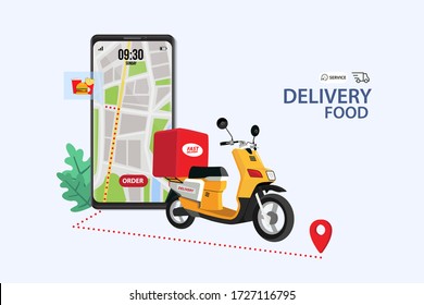 Food delivery app on a smartphone tracking a delivery on a moped with a ready meal, technology and logistics concept, city skyline in the background
