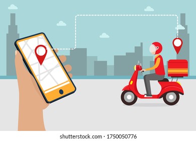 Food delivery app on a smartphone tracking a delivery man on a moped with a ready meal, technology and logistics concept, city skyline in the background.