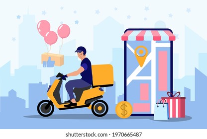 Food delivery app on a smartphone tracking a delivery man on a moped with a ready meal, technology and logistics concept, city skyline in the background EPS