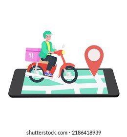 Food delivery app on a smartphone tracking a delivery man on motorcycle