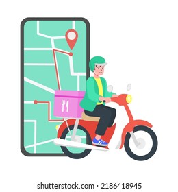 Food delivery app on a smartphone tracking a delivery man on motorcycle