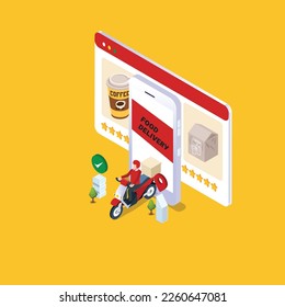 Food delivery app on a smartphone 3d isometric vector illustration concept for banner, website, landing page, ads, flyer template