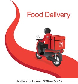 Food delivery app on a smartphone tracking a delivery man on a moped with a ready meal, technology and logistics concept, motorcycle on city road line red color on white background.