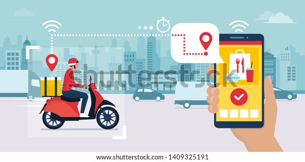 Food delivery app on a smartphone\
tracking a delivery man on a moped with a ready meal, technology\
and logistics concept, city skyline in the\
background