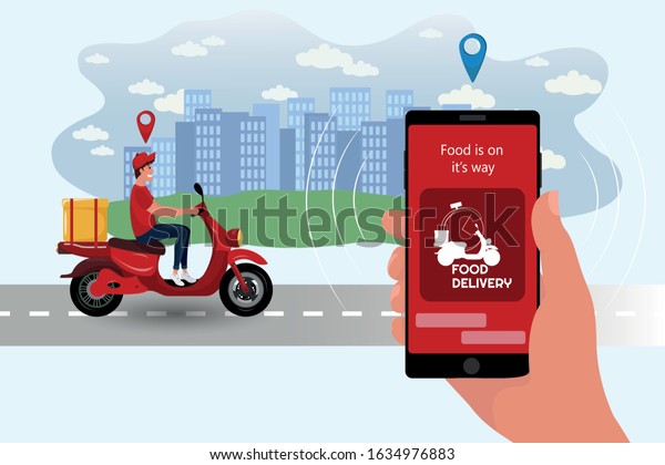 Food delivery app on a smartphone\
tracking a delivery man on a moped with a ready meal. Delivery bike\
with cardboard box on mobile phone and city\
background.