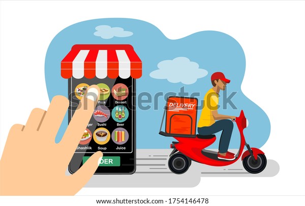Food\
delivery app on a smartphone and delivery man on a  red moped with\
a ready meal, technology and logistics\
concept.
