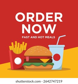 Food Delivery App Vector with Burger Fries Icons and Bold Order Now Text