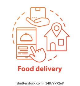 Food delivery application concept icon. Customer service, lunch ordering idea thin line illustration. Package, smartphone and home vector isolated outline drawing. Transportation business