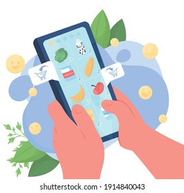 Food delivery application flat concept vector illustration. Ordering groceries right to your home during coronavirus epidemic 2D cartoon object for web design. Safe online shop creative idea