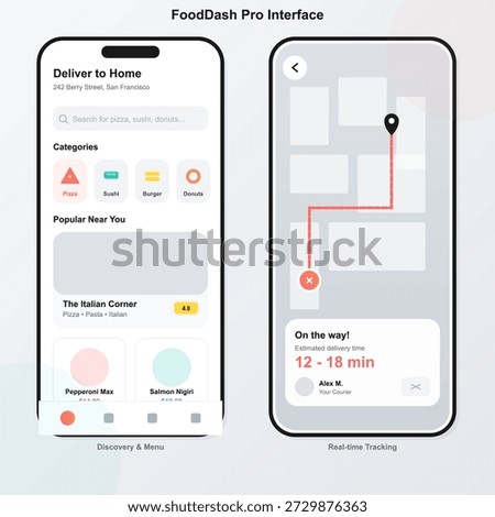 A food delivery application interface is shown with sections for categories, popular nearby restaurants, and real-time tracking. Users can see delivery time estimates.