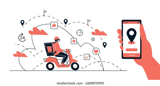 Food delivery. Application for food shipping on your smartphone, online order tracking, technology and logistics concept. A courier on a moped delivers a shipment. Vector illustration.