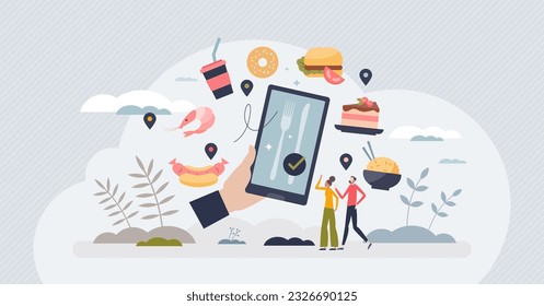 Food delivery apps and application for meal orders tiny person concept. Online service with fast and easy catering menu distribution vector illustration. Web software for pizza or burger express.