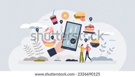 Food delivery apps and application for meal orders tiny person concept. Online service with fast and easy catering menu distribution vector illustration. Web software for pizza or burger express.