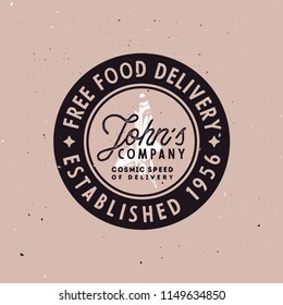 Food delivery badge logo concept with space shuttle symbolized fast and fresh hot food delivery