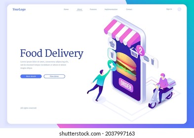 Food delivery banner. Online service for order from restaurant or store with fast shipping. Vector landing page with isometric illustration of smartphone with burger on screen and courier on scooter