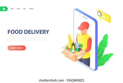 Food delivery banner. Ordering products through a mobile application and delivery by courier. Flat vector isometric illustration.