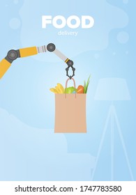 Food delivery banner. Robotic hand holds a paper bag with products. Shopping delivery concept. Vector.