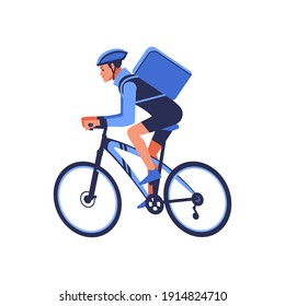 Food delivery bicycle driver with blue backpack behind back is on his way to deliver food. Courier on bike delivering food. Quick shipping of goods to customers. Flat style vector illustration.