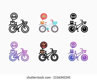 Food delivery with bicycle icon set with line, outline, flat, filled, glyph, color, gradient. Editable stroke and pixel perfect. Can be used for digital product, presentation, print design and more.