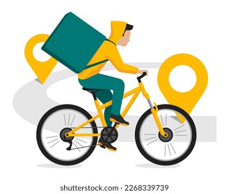 Food delivery - bicyclist riding on the road with location or destination marks. Isolated cartoon illustration 