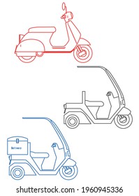 Food delivery bike. Scooter line art illustration set, icon