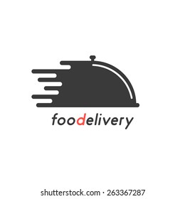 food delivery with black dish. concept of on-line supermarket, maintenance catering, transportation, tray, chef. isolated on white background. flat style trendy modern brand design vector illustration