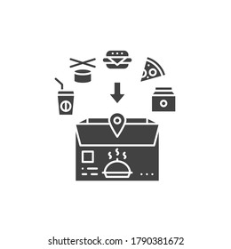 Food delivery black glyph icon. Open box with fast food. Sign for web page, app. UI UX GUI design element