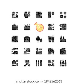 Food delivery black glyph icons set on white space. Courier service. Online ordering. Limiting exposure to coronavirus. Salad, pizza, drinks. Silhouette symbols. Vector isolated illustration