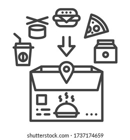 Food delivery black line icon. Open box with fast food. Sign for web page, app. UI UX GUI design element. Editable stroke.