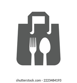 Food delivery black vector icon. Take away, take out shopping bag with spoon and fork filled symbol.