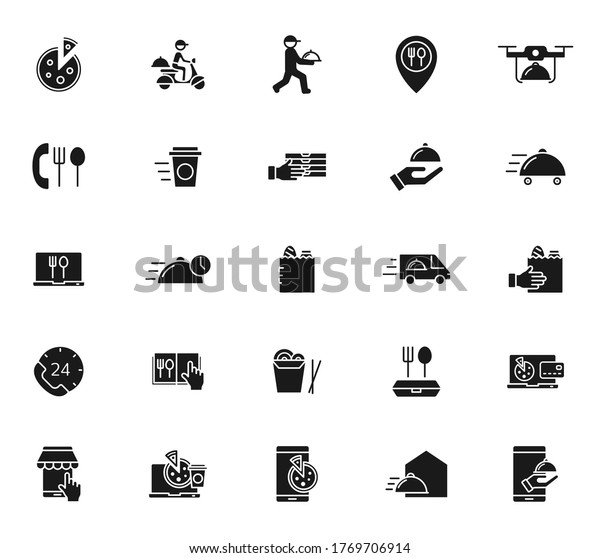food delivery black vector icons isolated on\
white background. food delivery icon set for web and ui design,\
mobile apps and print\
products