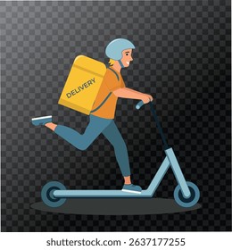 Food delivery. Blonde guy on a scooter delivers an order. Fast food delivery service. Box backpack with goods on the back. Transparent background. 