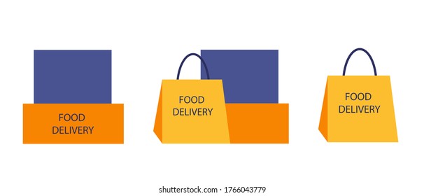 Caja de entrega de alimentos. Paquete de entrega de alimentos. 3 elementos. Ilustración vectorial. Servicio de entrega de alimentos y carga.