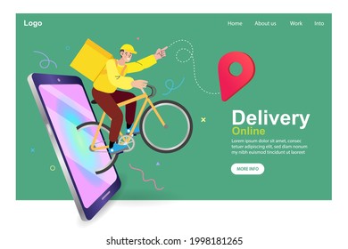 Food delivery boy. Courier bicycle delivery man with parcel box on the back. fast and free shipping concept. Modern Vector illustration for websites.																															
					