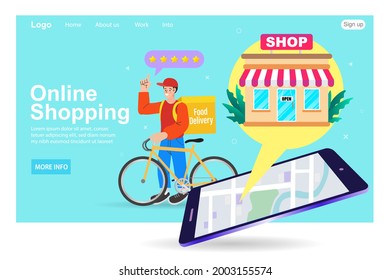 Food delivery boy. Courier bicycle delivery man with parcel box on the back. fast and free shipping concept. Modern Vector illustration for websites.