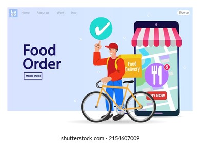 Food delivery boy. Courier bicycle delivery man with parcel box on the back. fast and free shipping concept. online ordering. Ecommerce order notification message. Modern Vector illustration.