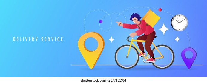 Food delivery boy. Courier bicycle delivery man with parcel box on the back. fast and free shipping concept. online ordering. Ecommerce order notification message. Modern Vector illustration.
