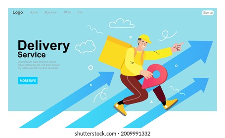 Food delivery boy. delivery man with parcel box on the back. fast and free shipping concept. grocery store and restaurants. Modern Vector illustration for websites. 