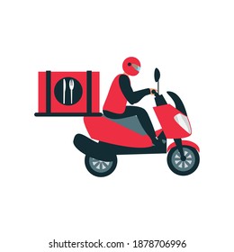 food delivery boy with mask riding red scooter vector illustration