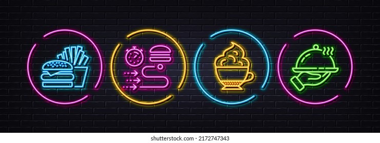 Food delivery, Burger and Cappuccino cream minimal line icons. Neon laser 3d lights. Restaurant food icons. For web, application, printing. Order timer, Cheeseburger, Coffee with whipped cream. Vector