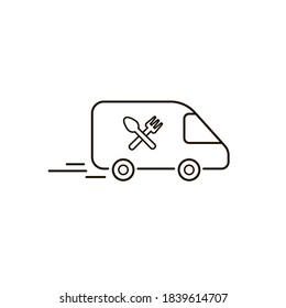 Food delivery. Business. Icon. Black and white outline. Freight car. Fork. A spoon. Vector illustration